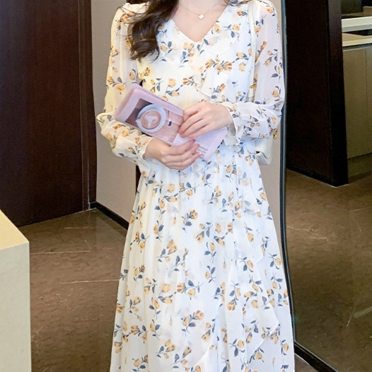 花柄ファッション 優美な花柄シフォン長袖ワンピース