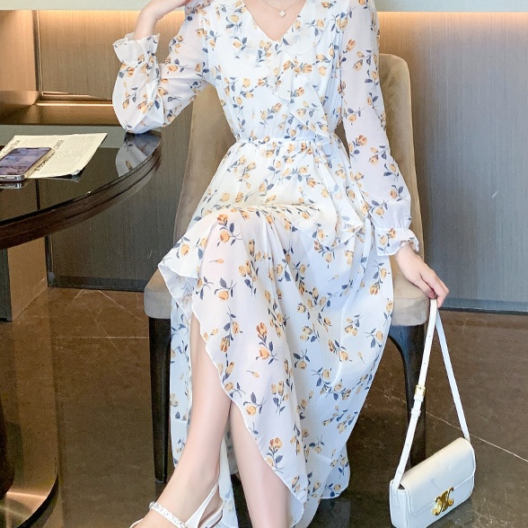 花柄ファッション 優美な花柄シフォン長袖ワンピース