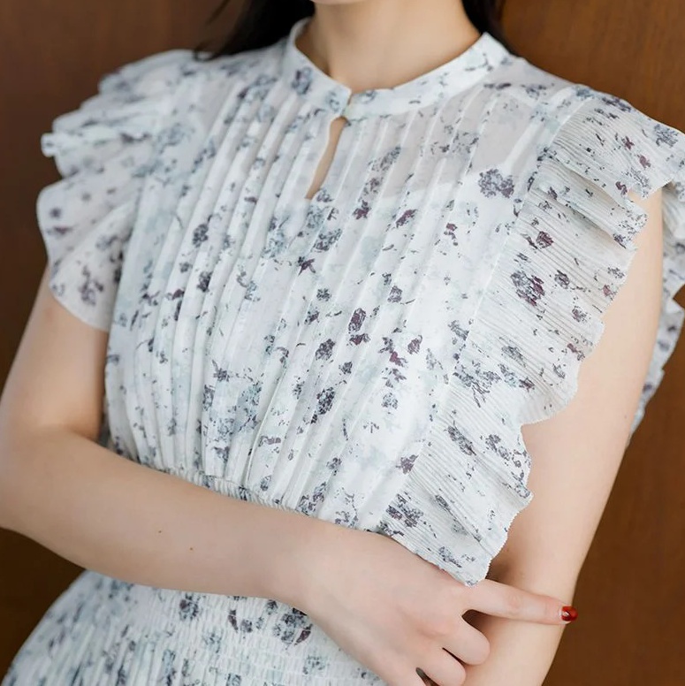 花柄ファッション 優美な花柄プリーツシフォンワンピース
