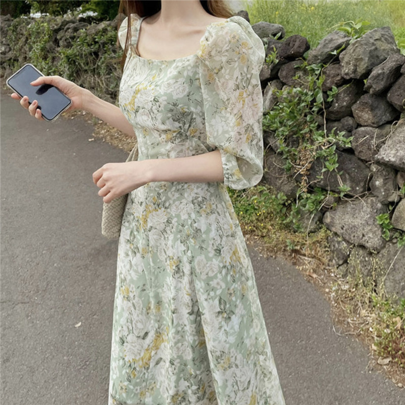 花柄ファッション 優美な花模様 パフスリーブ シフォンワンピース