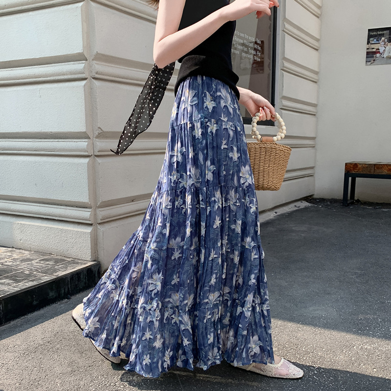 花柄ファッション 優美な花模様プリーツロングスカート