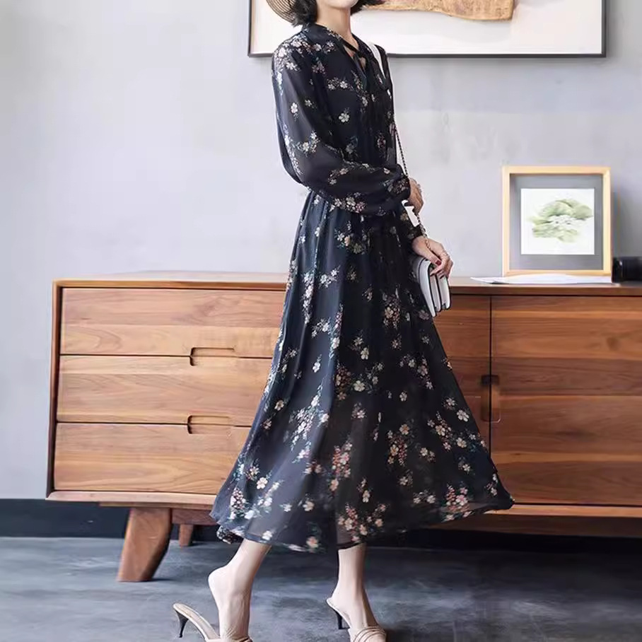 花柄ファッション 花柄シフォン リボンタイ ミディ丈ワンピース