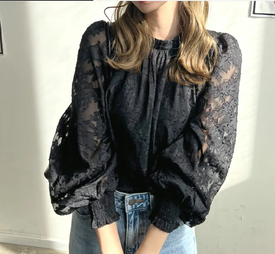 花柄ファッション 立体花柄レース ボリューム袖ブラウス