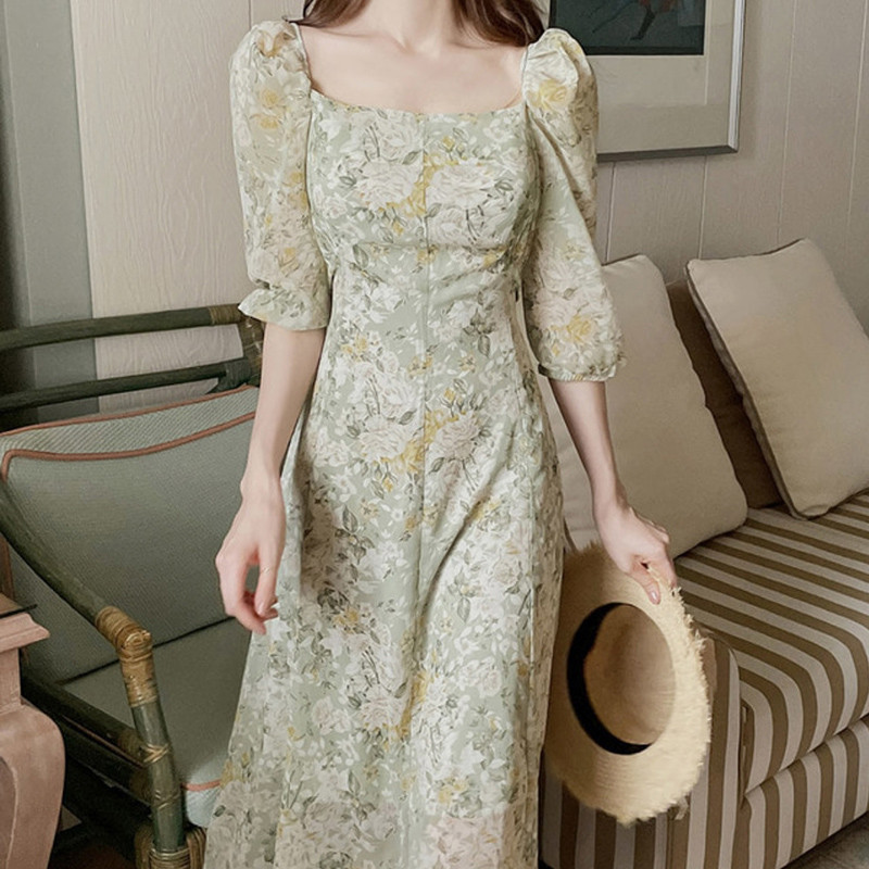 花柄ファッション 優美な花模様 パフスリーブ シフォンワンピース