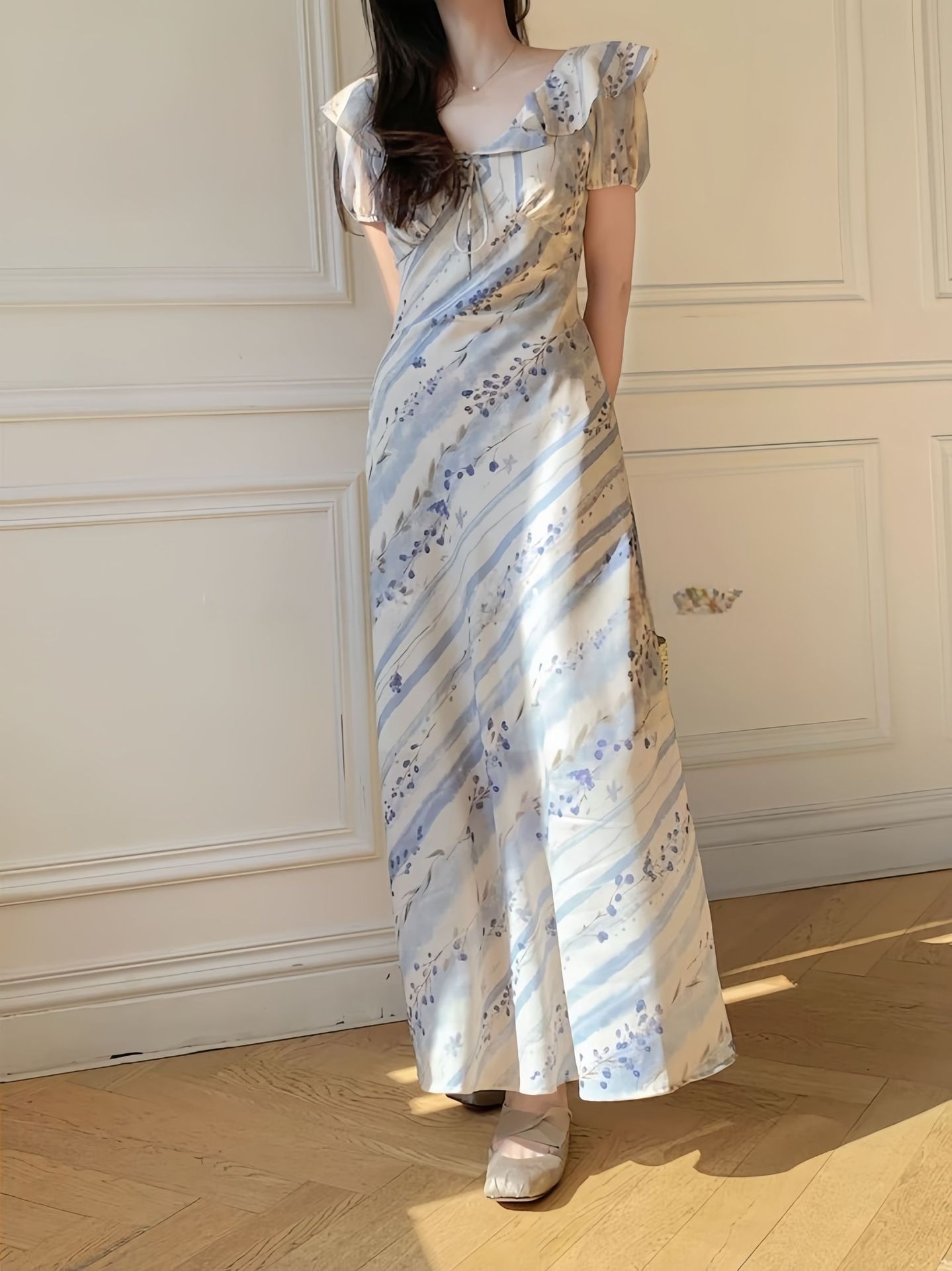 花柄ファッション 爽やか水彩花柄 フリル袖 マキシワンピース