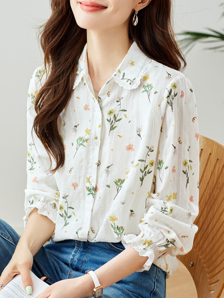 花柄ファッション 草花模様の透け感シャツ