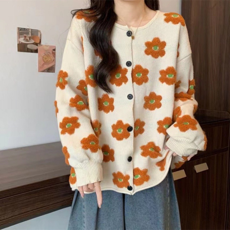 花柄ファッション オレンジ花柄ニットカーディガン