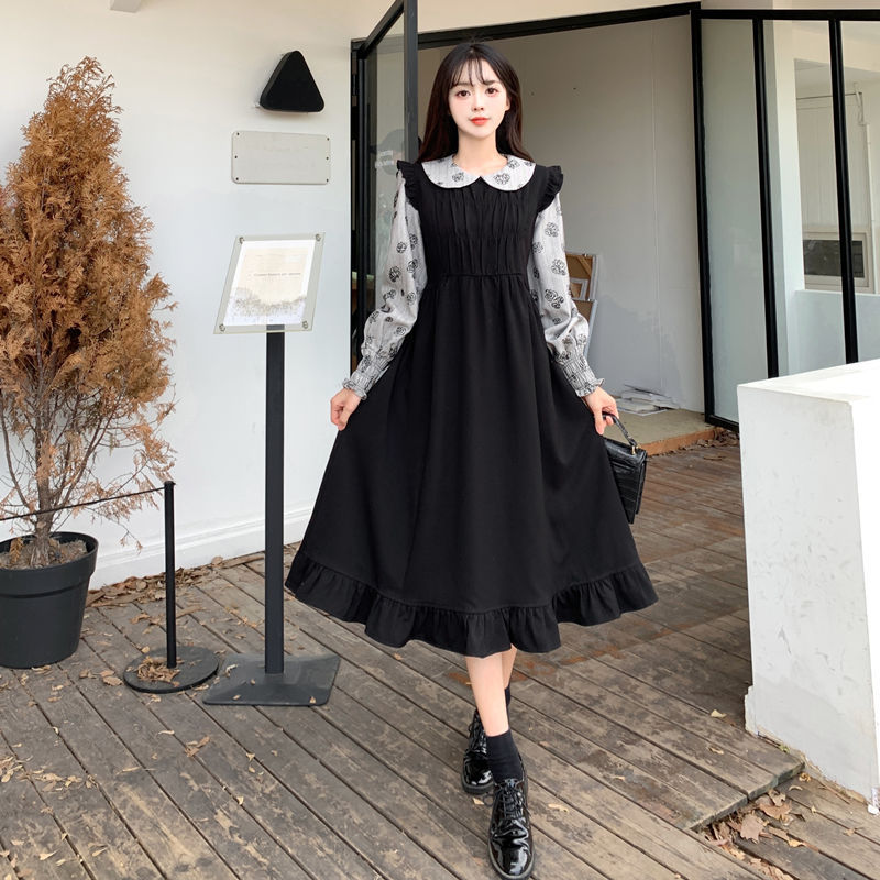 花柄ファッション 襟付き重ね着風ピンタックワンピース