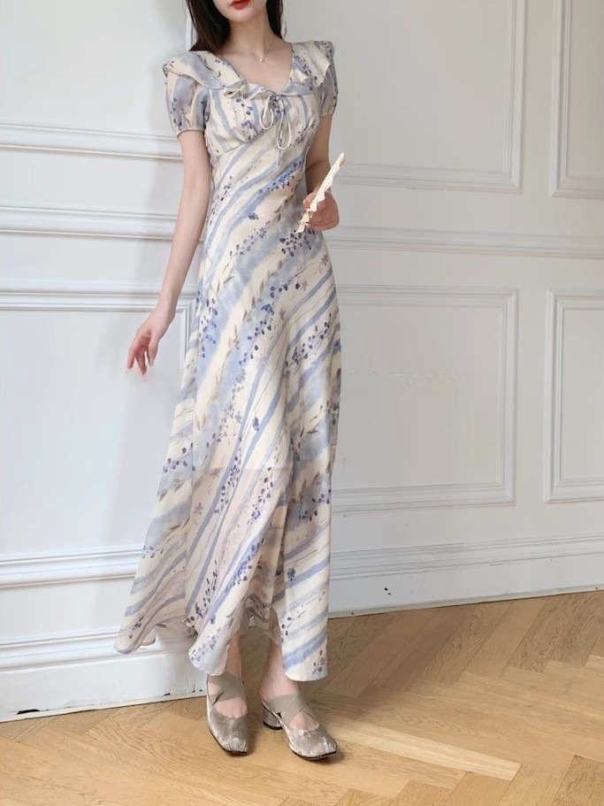 花柄ファッション 爽やか水彩花柄 フリル袖 マキシワンピース
