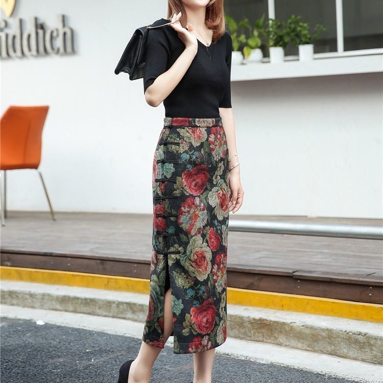 花柄ファッション 高級感薔薇柄ロングタイトスカート