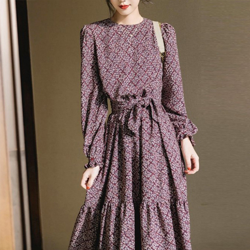 花柄ファッション 優美な小花模様 ウエストリボン シフォンワンピース