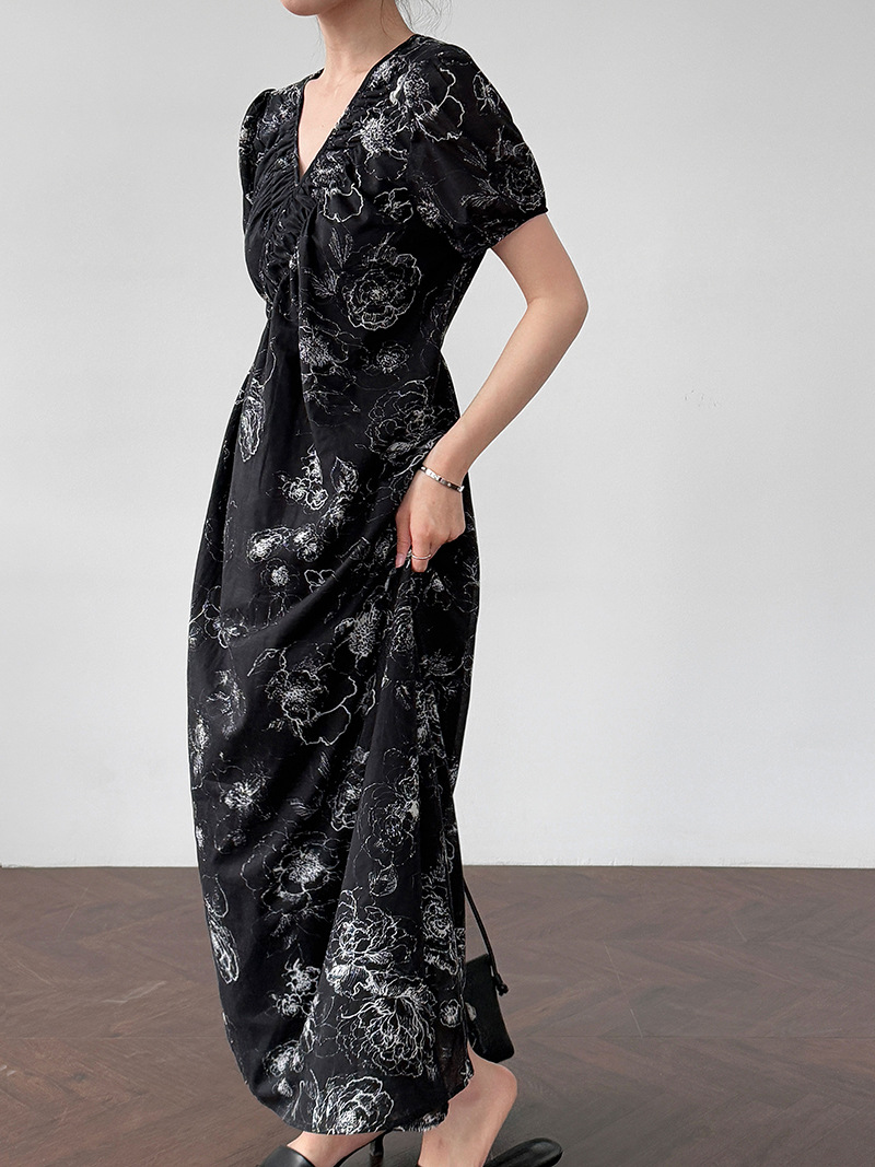 花柄ファッション Vネック花柄シャツワンピース