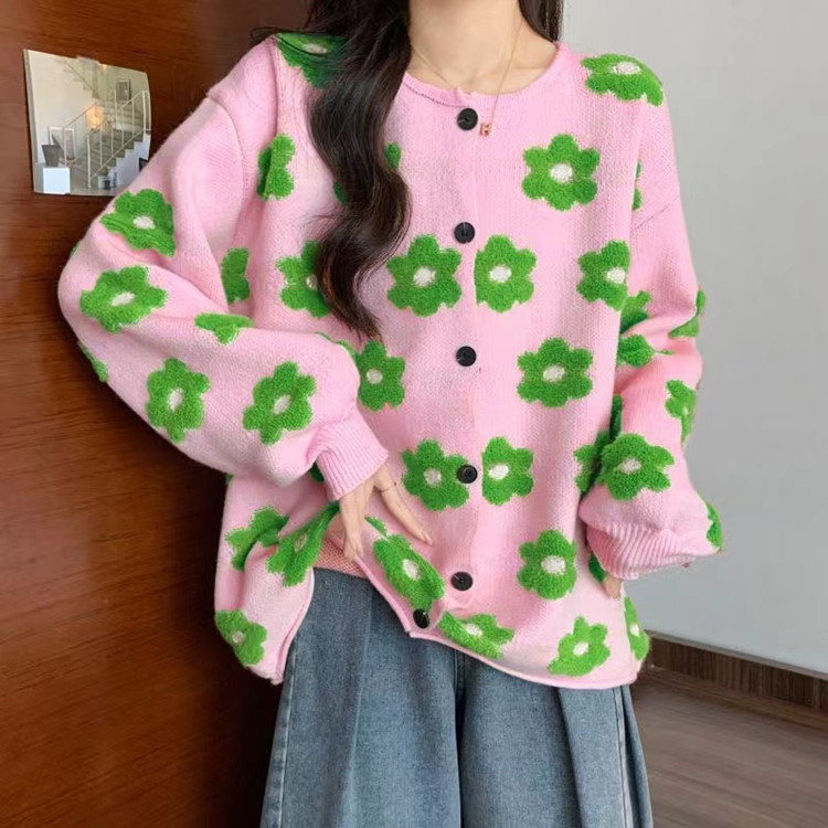 花柄ファッション オレンジ花柄ニットカーディガン
