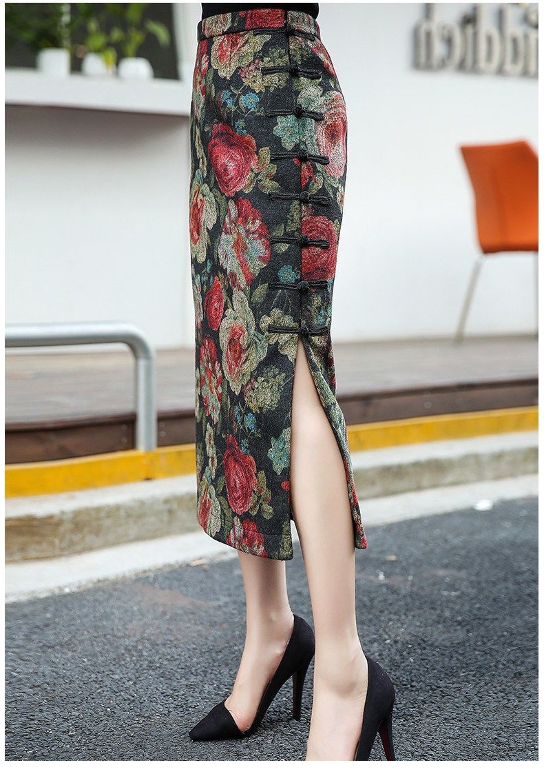 花柄ファッション 高級感薔薇柄ロングタイトスカート