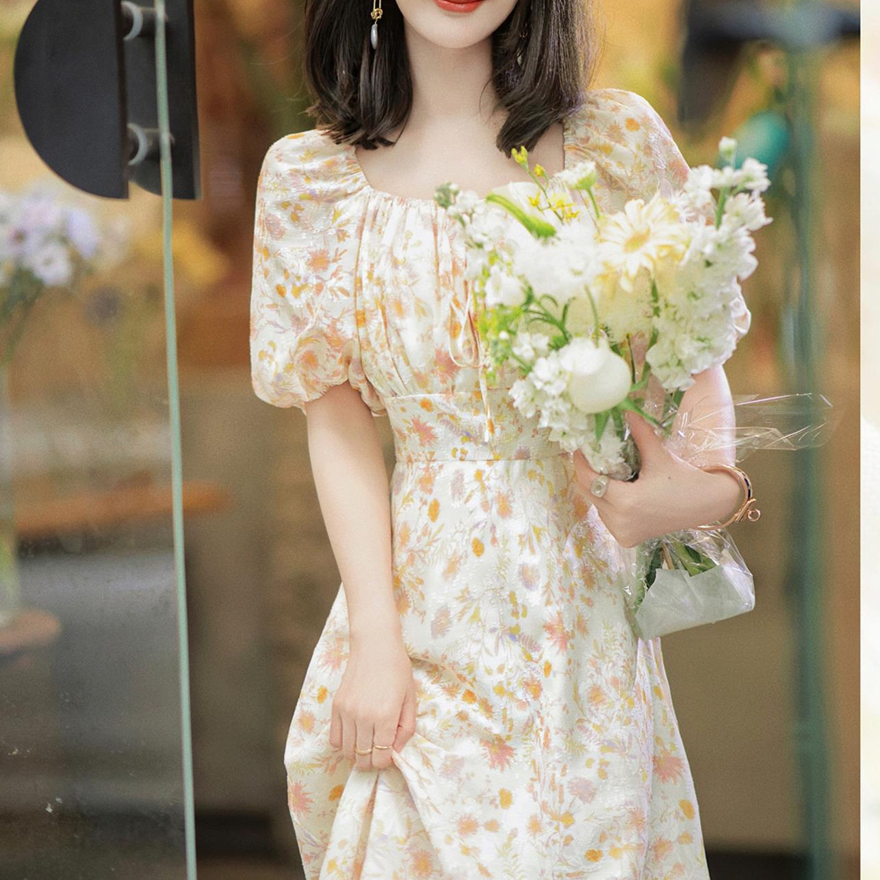 花柄ファッション 優美な花園ふんわりパフスリーブワンピース