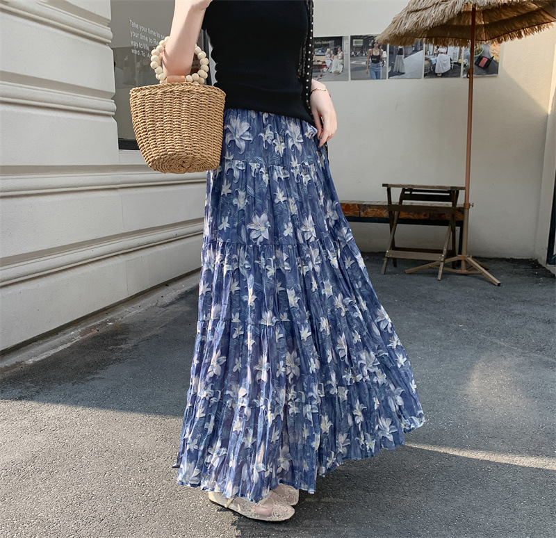 花柄ファッション 優美な花模様プリーツロングスカート