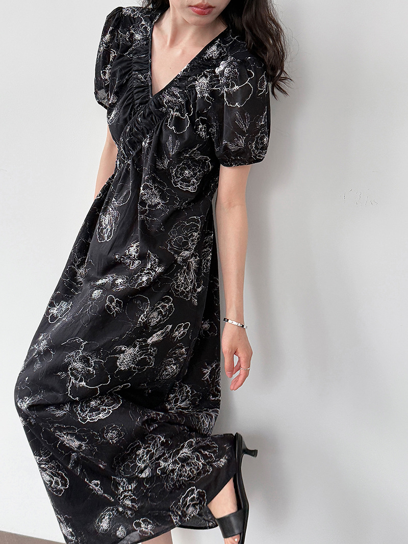 花柄ファッション Vネック花柄シャツワンピース