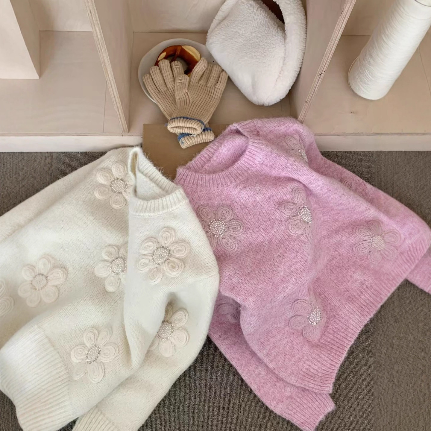 花柄ファッション 立体花刺繍ゆったりニット