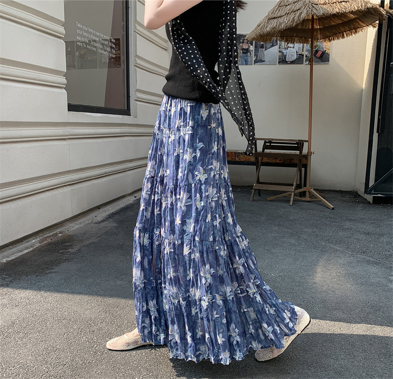 花柄ファッション 優美な花模様プリーツロングスカート