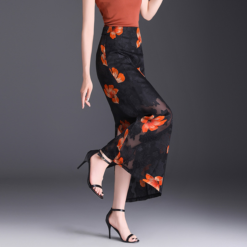 透かし花柄シースルーロングスカート