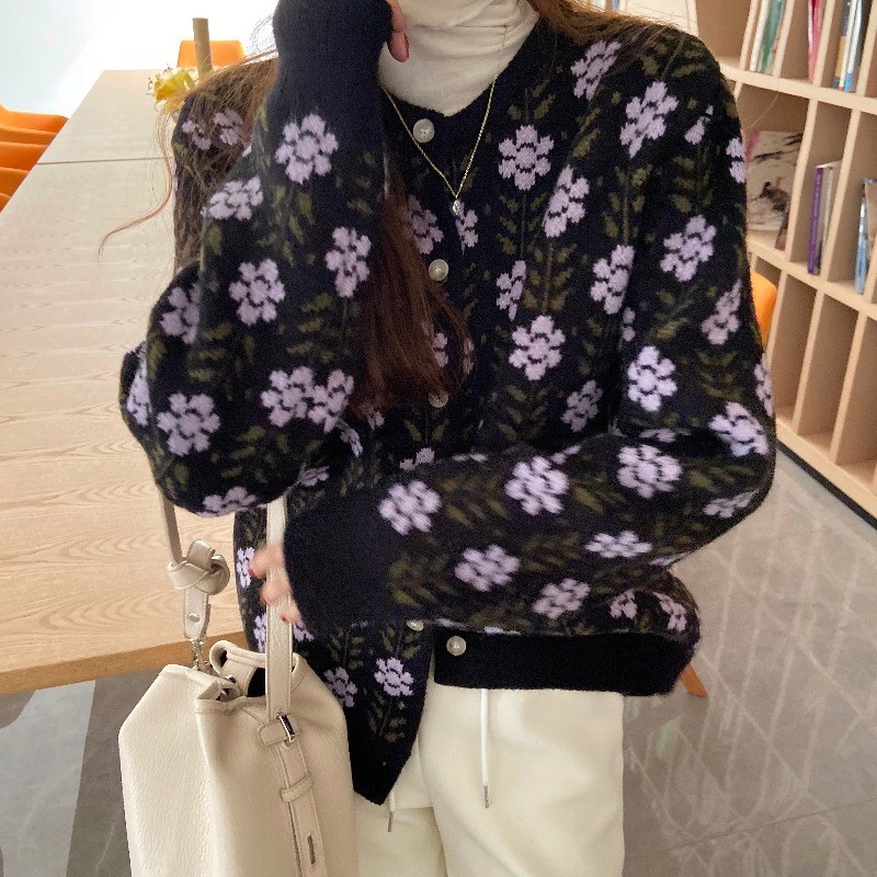 花柄ファッション 優美な花柄編み込みカーディガン