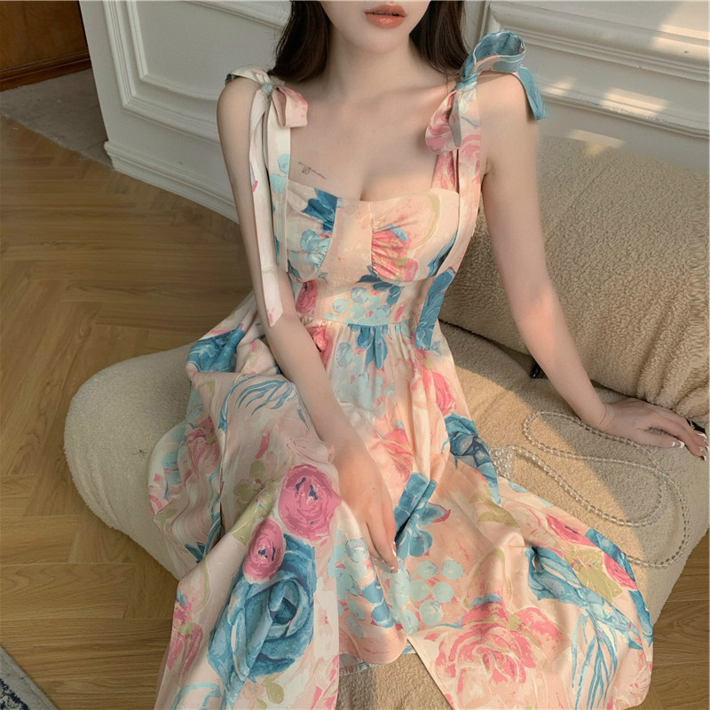 花柄ファッション リボン紐の水彩花柄サマードレス