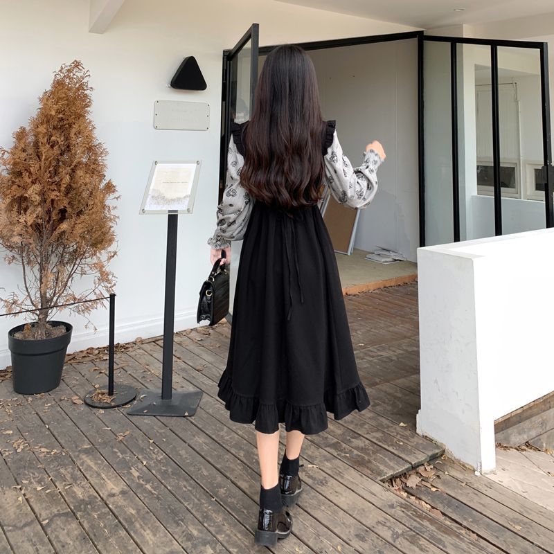 花柄ファッション 襟付き重ね着風ピンタックワンピース