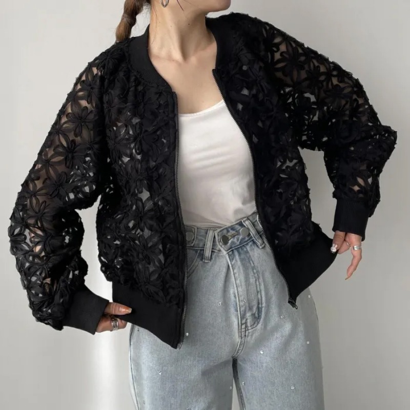 花柄ファッション 立体花模様ジップアップボンバージャケット
