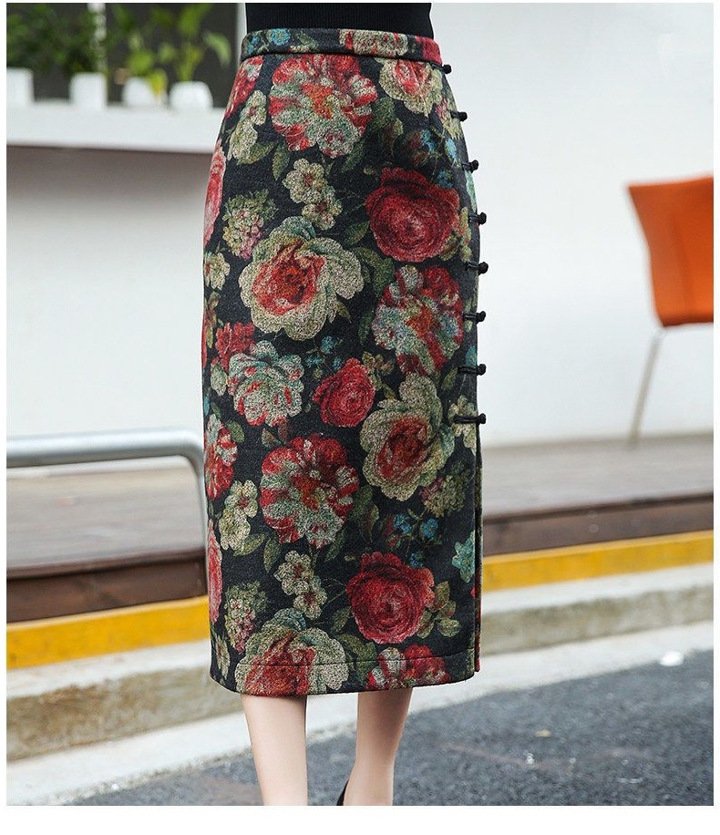 花柄ファッション 高級感薔薇柄ロングタイトスカート