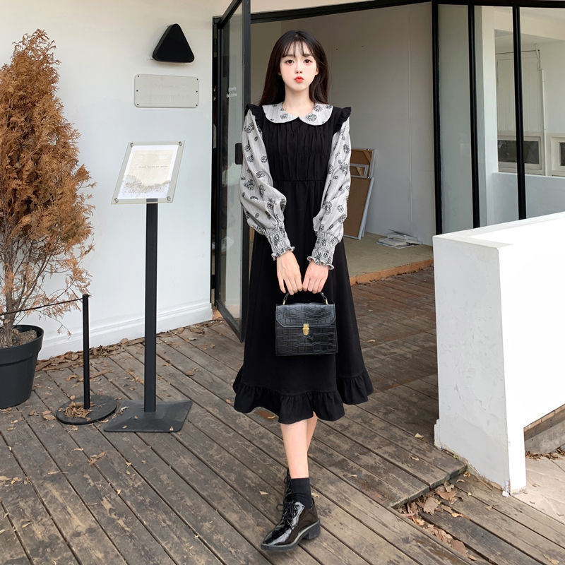 花柄ファッション 襟付き重ね着風ピンタックワンピース