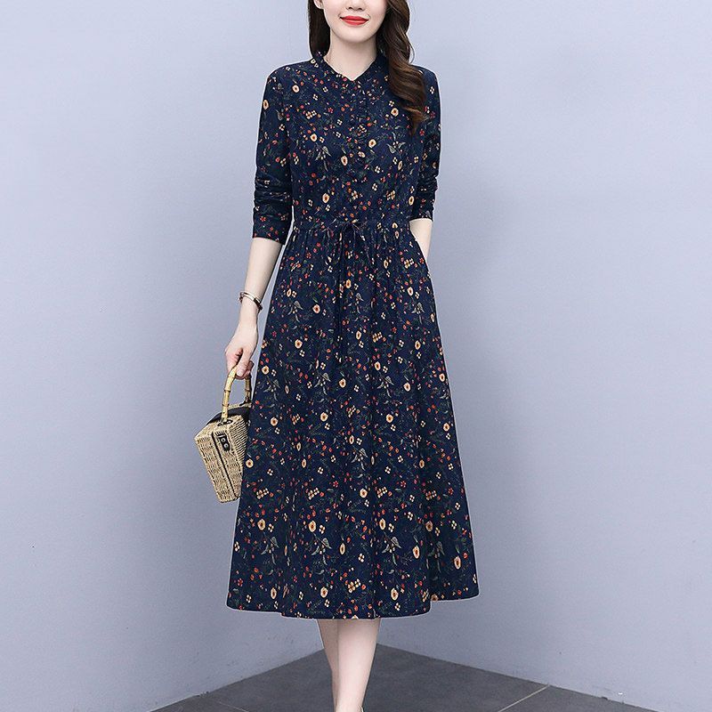 花柄ファッション 優美な花模様 長袖ミディ丈ワンピース