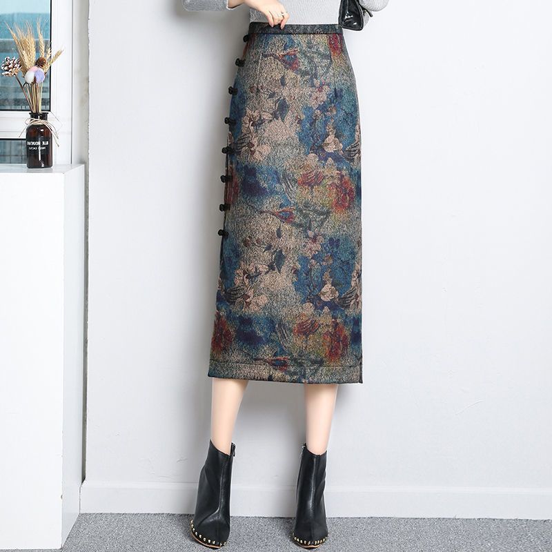 花柄ファッション 高級感薔薇柄ロングタイトスカート