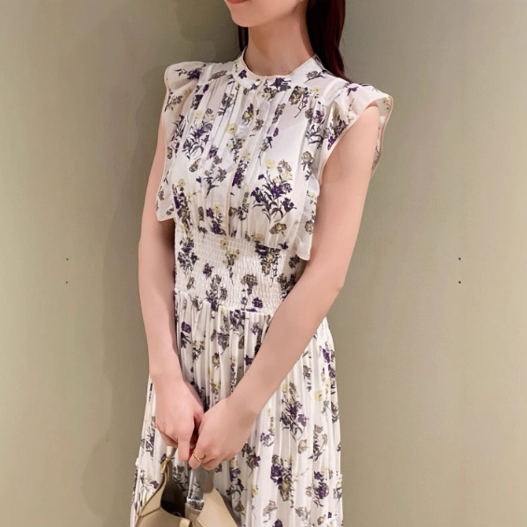 花柄ファッション 胸元プリーツ 花柄シフォンワンピース