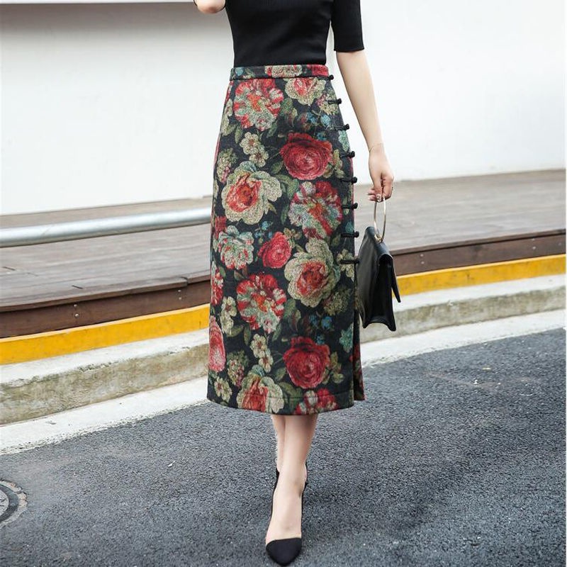 花柄ファッション 高級感薔薇柄ロングタイトスカート