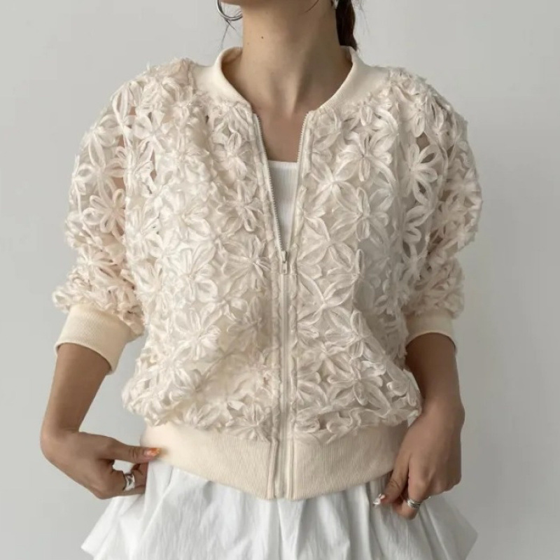 花柄ファッション 立体花模様ジップアップボンバージャケット