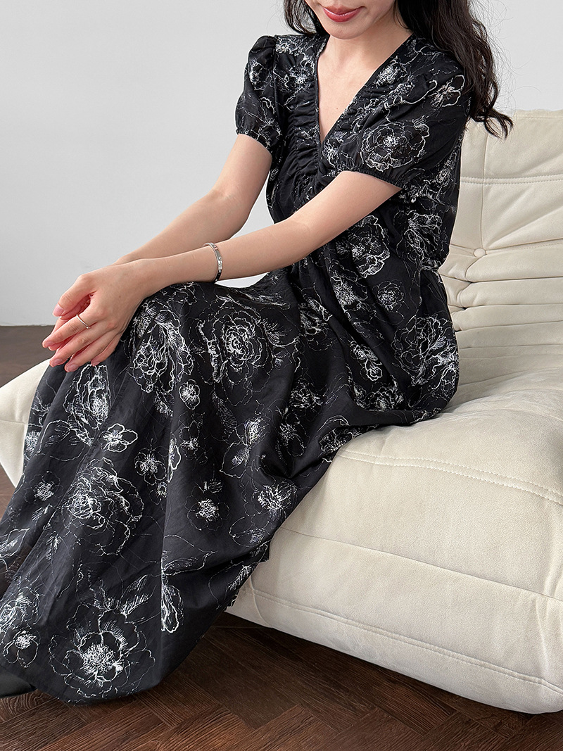 花柄ファッション Vネック花柄シャツワンピース