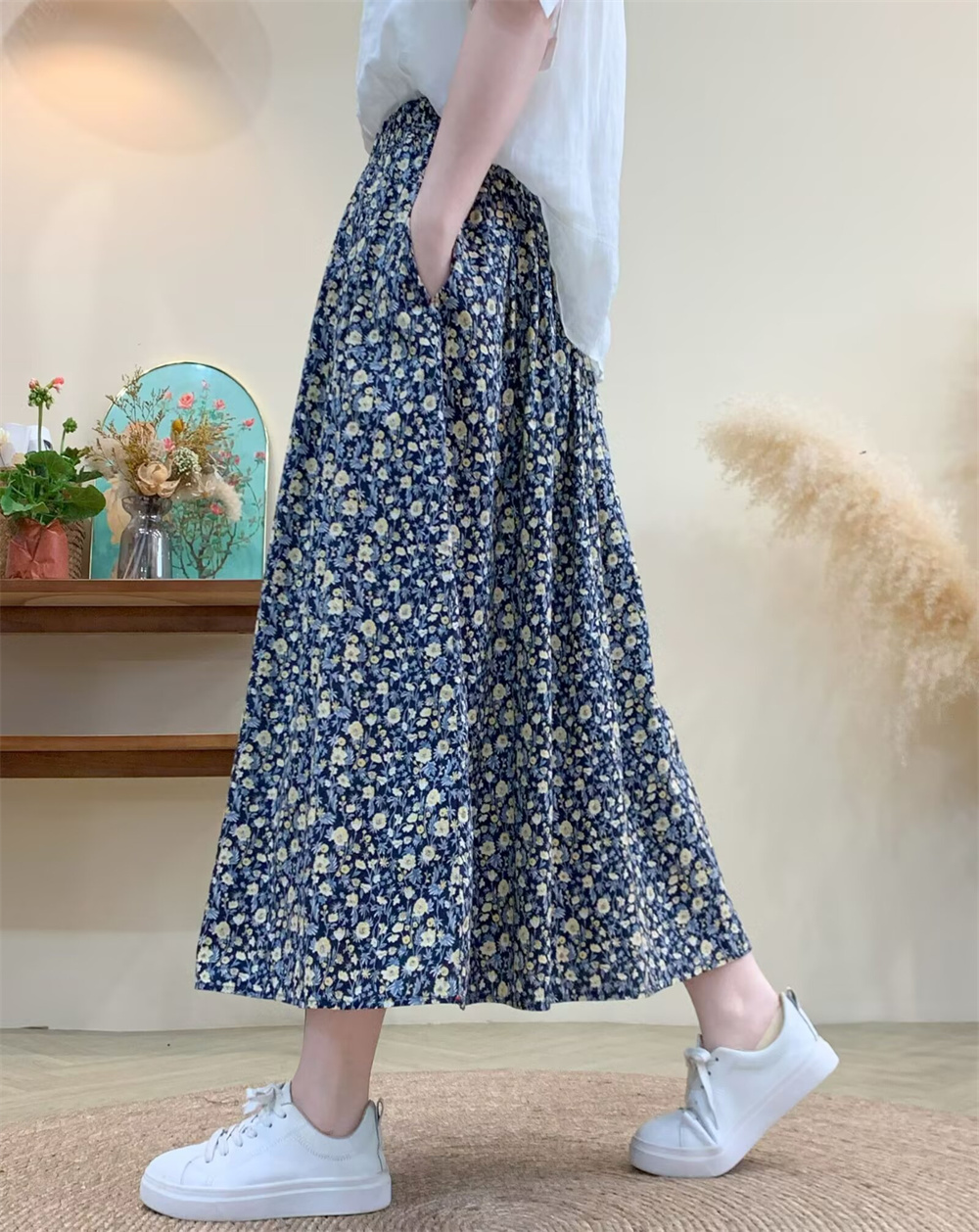 花柄ファッション 多色花模様のふんわりロングスカート