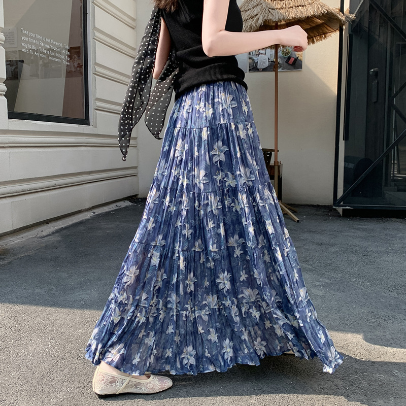 花柄ファッション 優美な花模様プリーツロングスカート