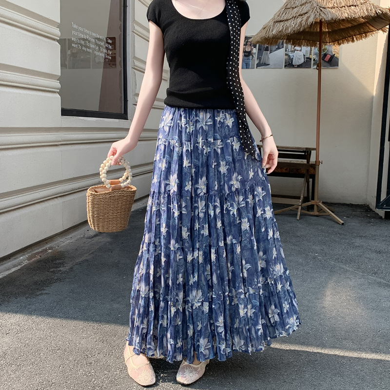 花柄ファッション 優美な花模様プリーツロングスカート