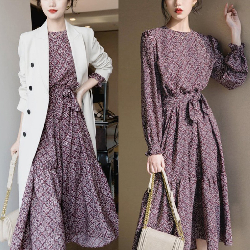 花柄ファッション 優美な小花模様 ウエストリボン シフォンワンピース