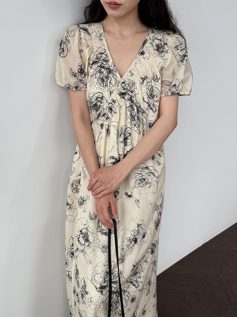 花柄ファッション Vネック花柄シャツワンピース