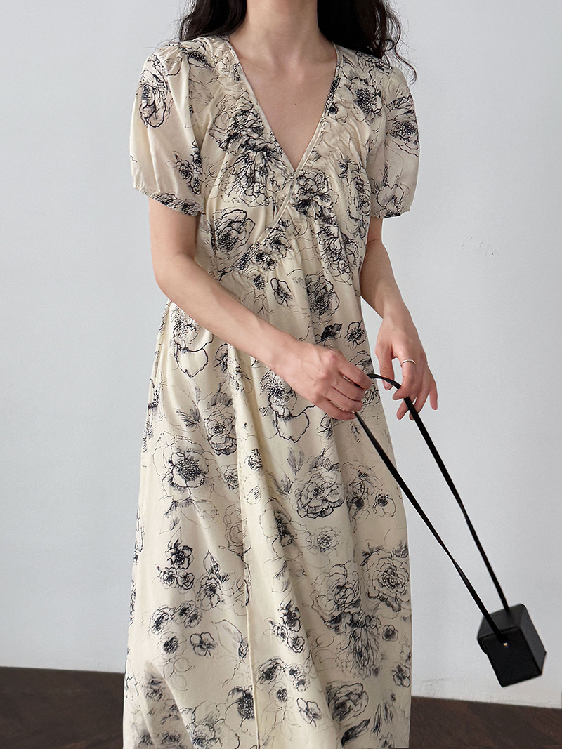 花柄ファッション Vネック花柄シャツワンピース