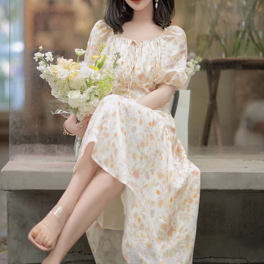 花柄ファッション 優美な花園ふんわりパフスリーブワンピース