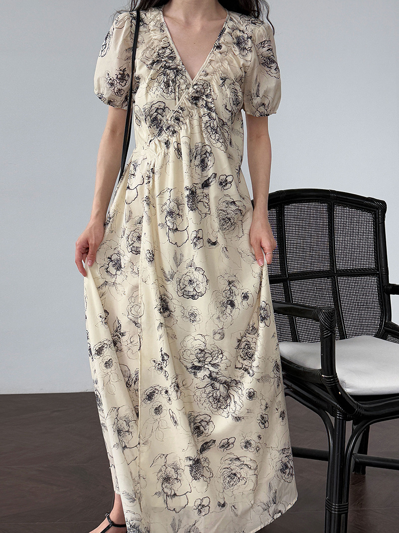 花柄ファッション Vネック花柄シャツワンピース