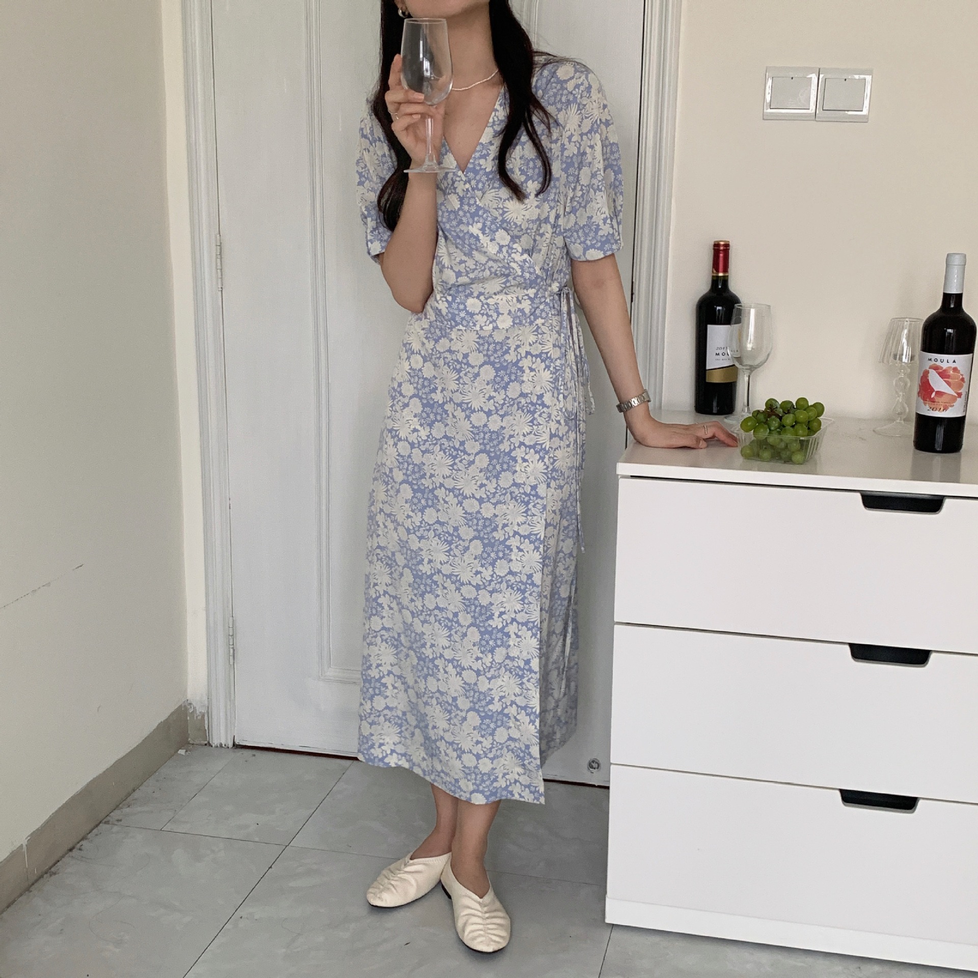 花柄ファッション 花模様ドレープワンピース