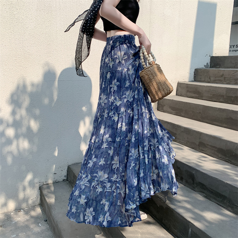 花柄ファッション 優美な花模様プリーツロングスカート