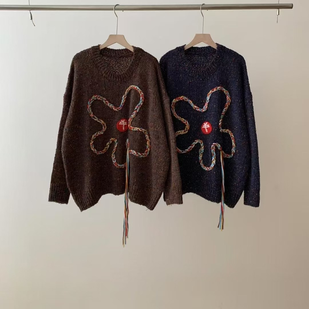 花柄ファッション 彩り紐飾り花型ニット