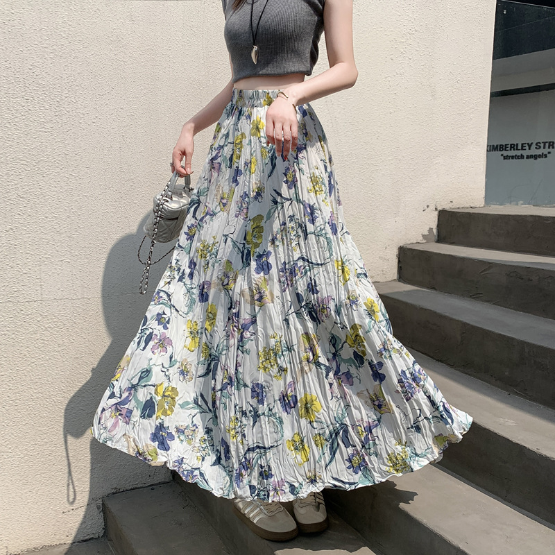 花柄ファッション 華やか花模様プリーツロングスカート