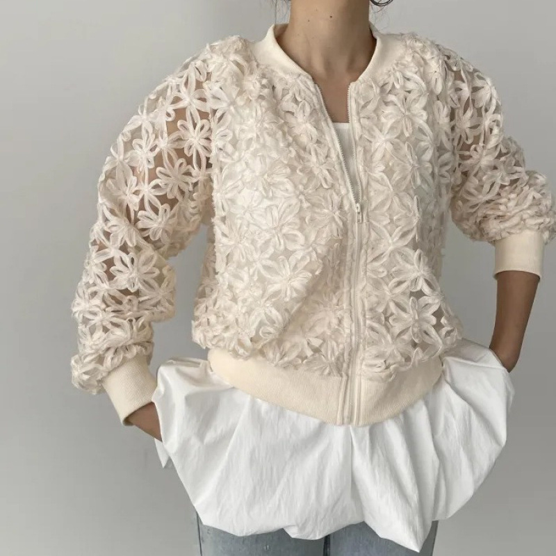 花柄ファッション 立体花模様ジップアップボンバージャケット