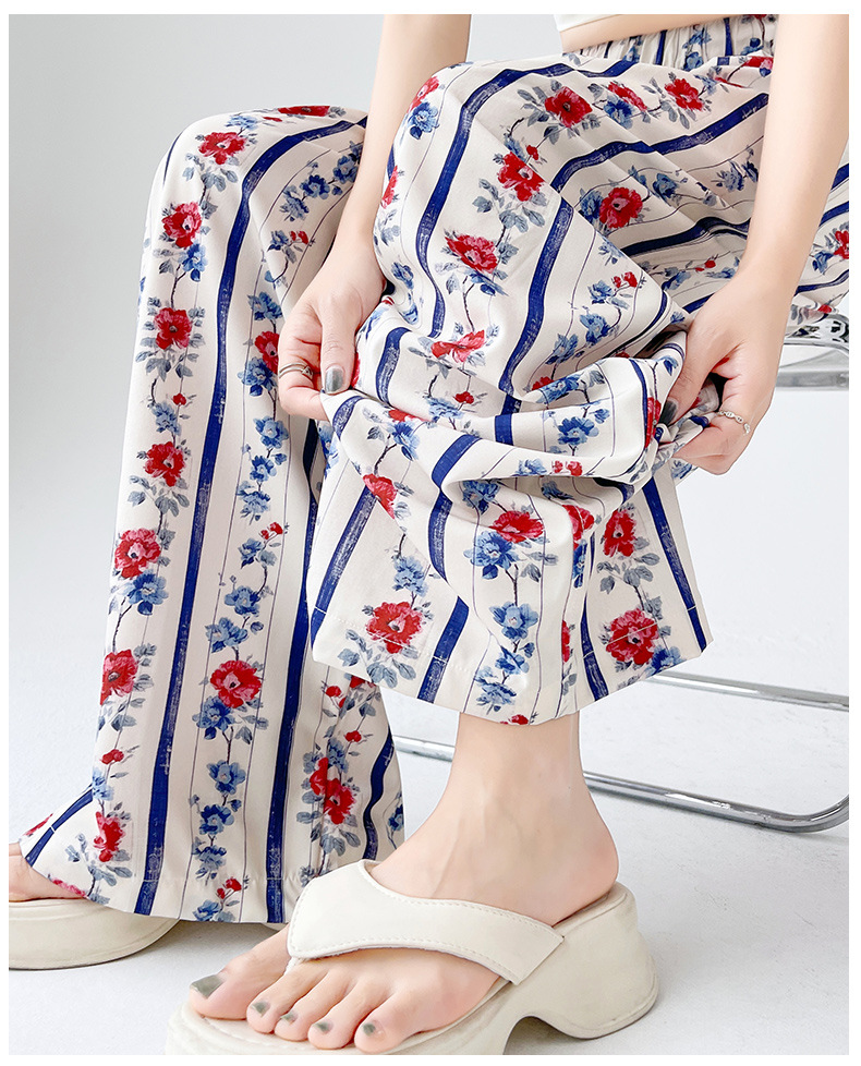 花柄ファッション 花柄縦ストライプ ゆったりパンツ